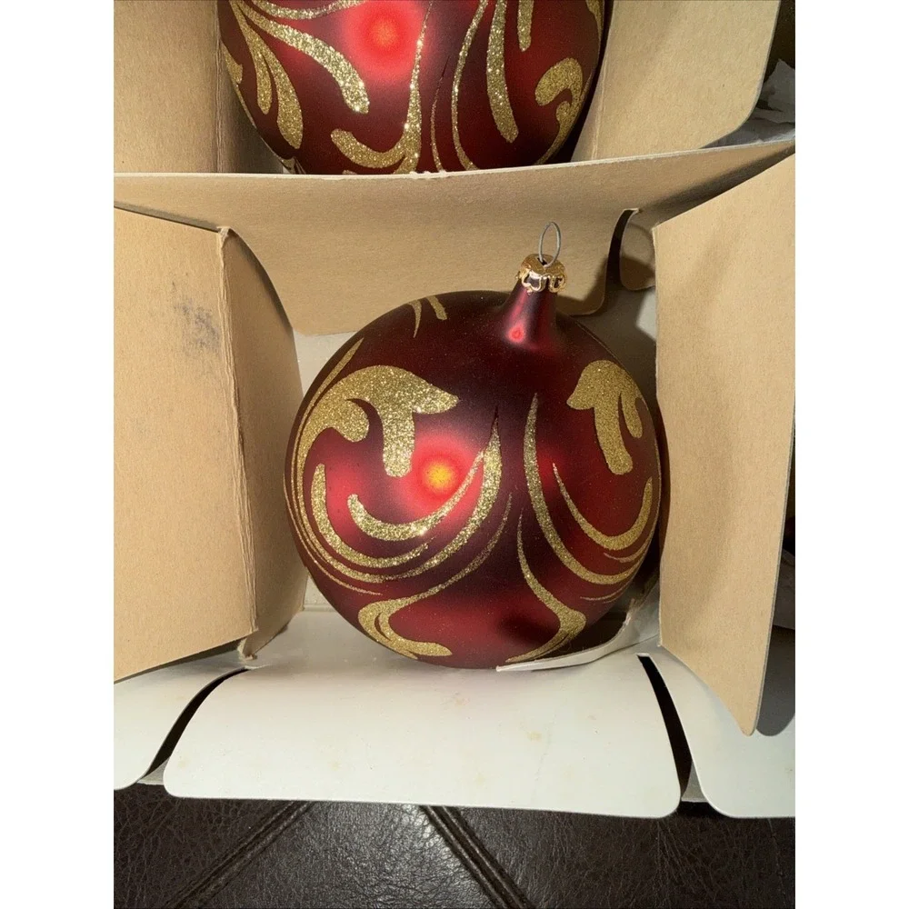 Christmas Ornaments Set of 4 Glitter Red & Gold,  3 Teardrop Swirls Blown Glass